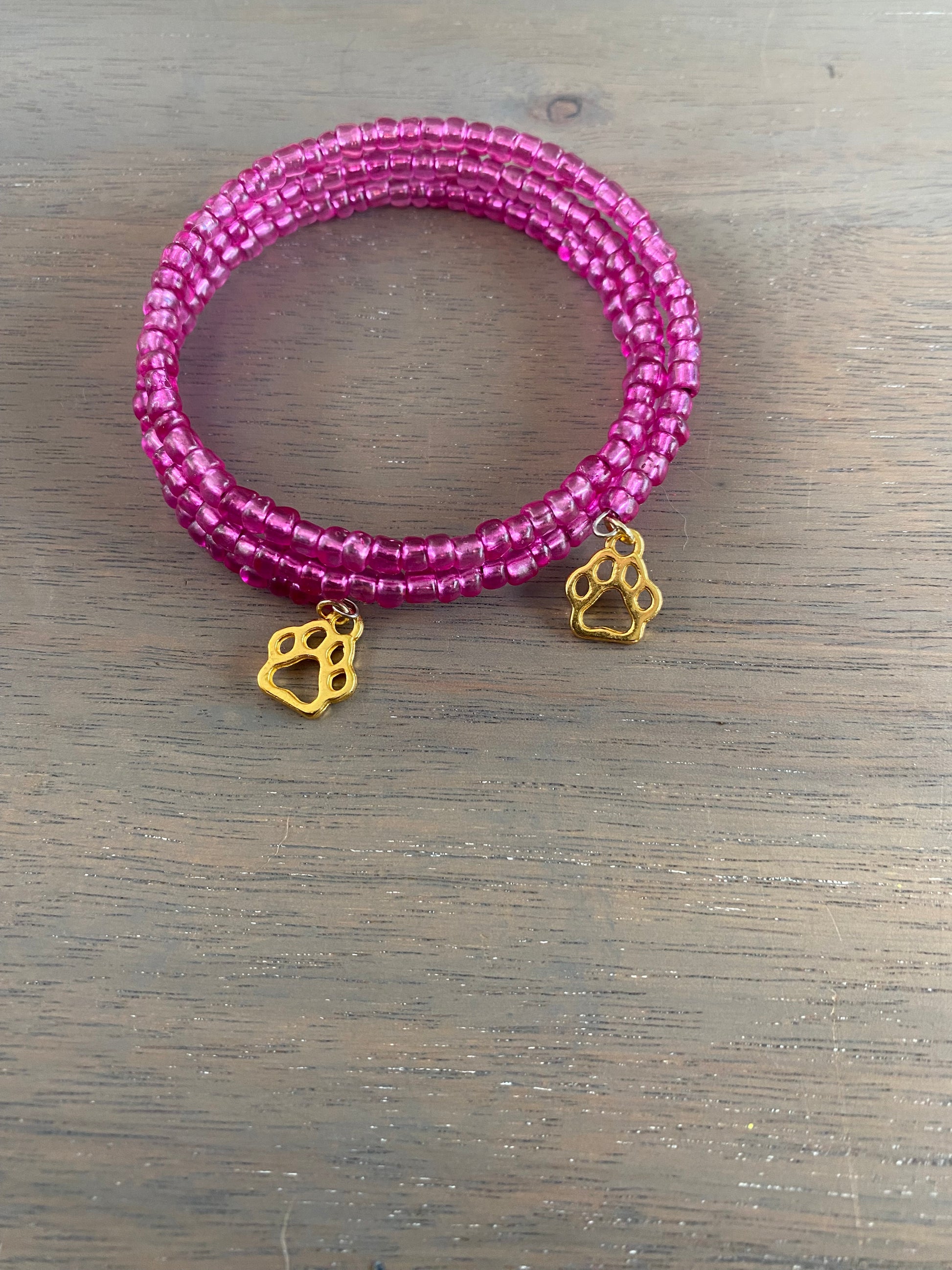 Memory Wire Beaded Bracelet with Paw Charms