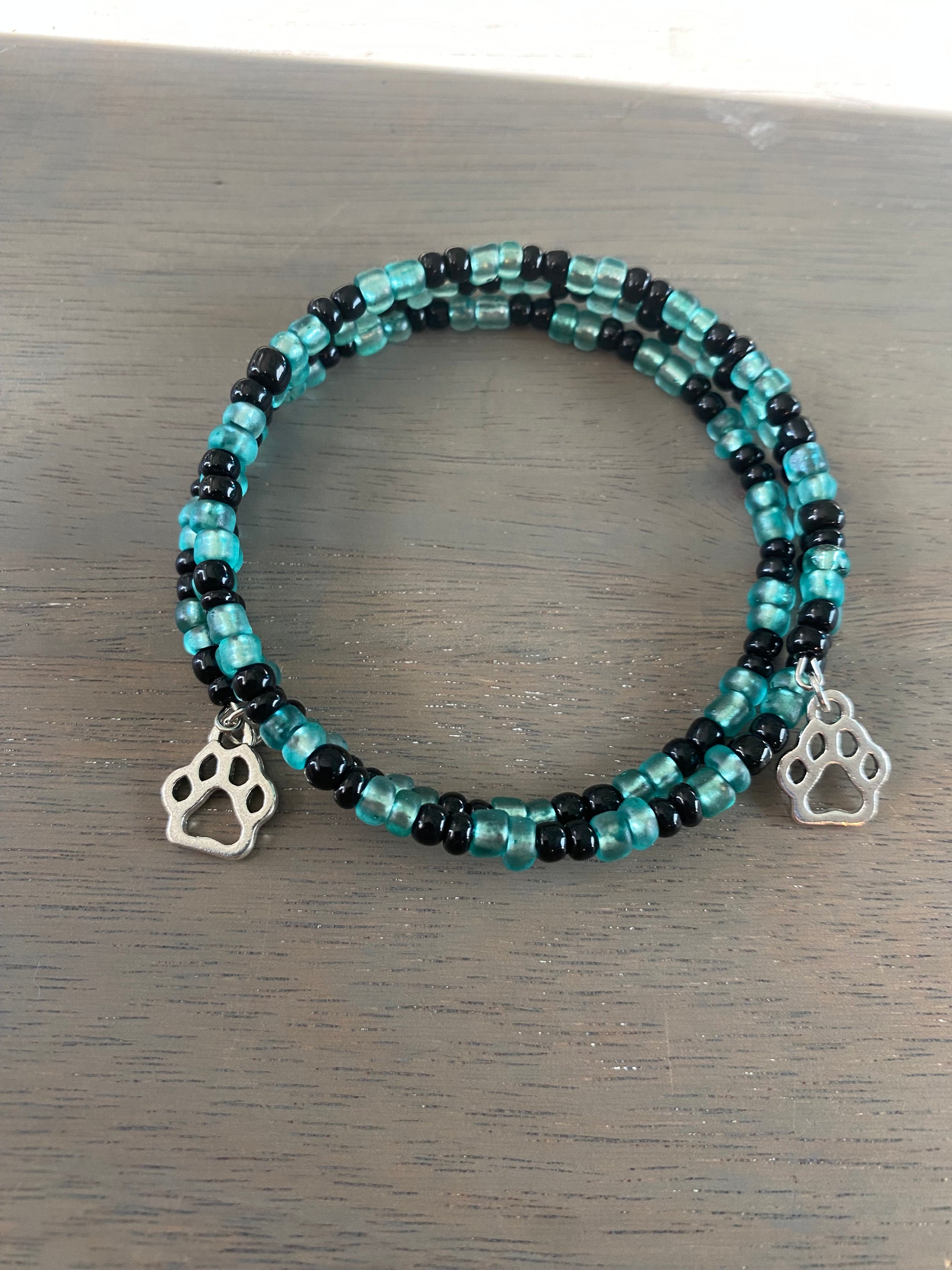 Memory Wire Beaded Bracelet with Paw Charms