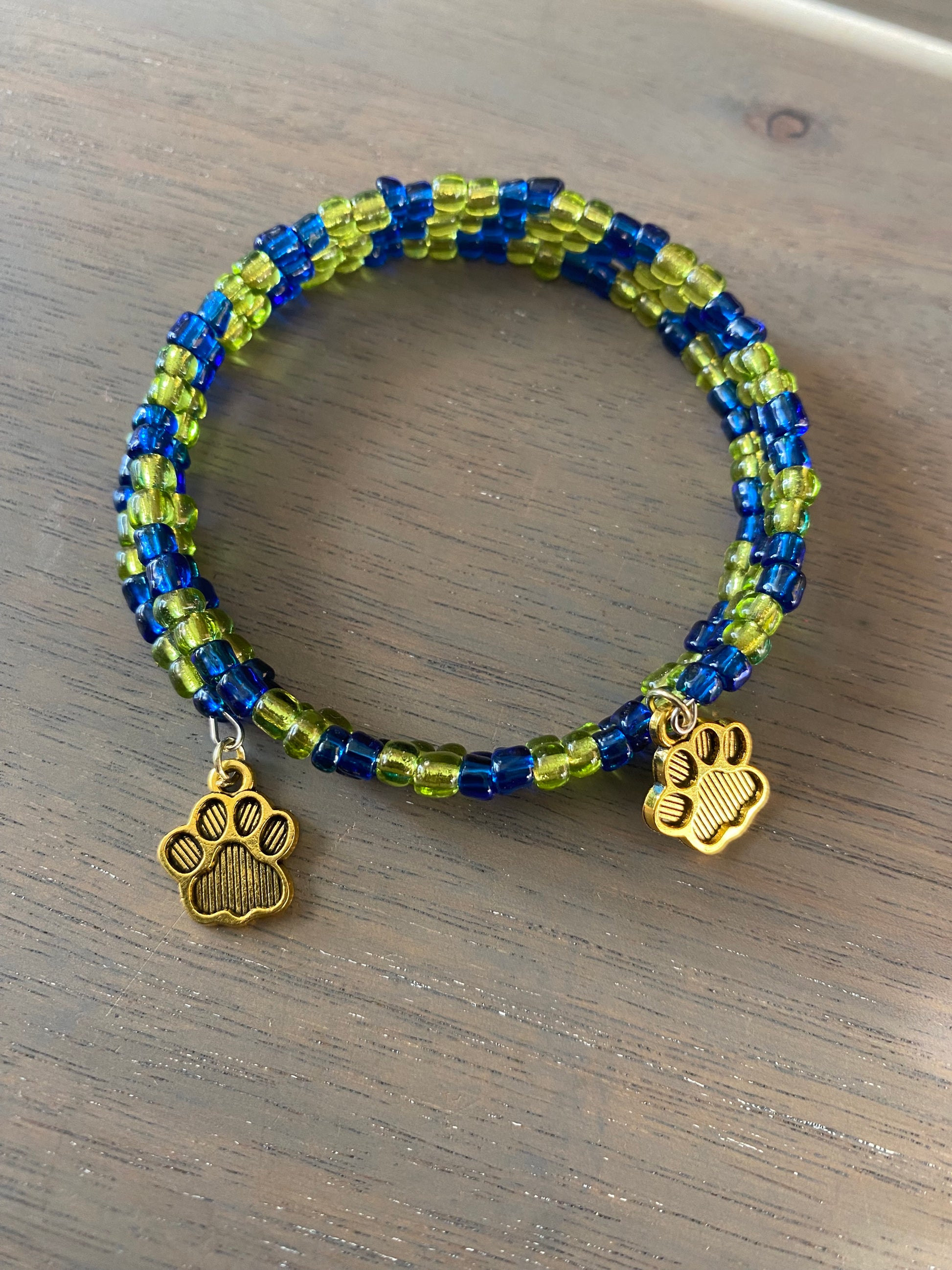 Memory Wire Beaded Bracelet with Paw Charms